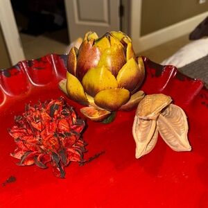 Decorative Artichoke, Seed Pod, and flower bloom Set - Yellow, Red, and Tan